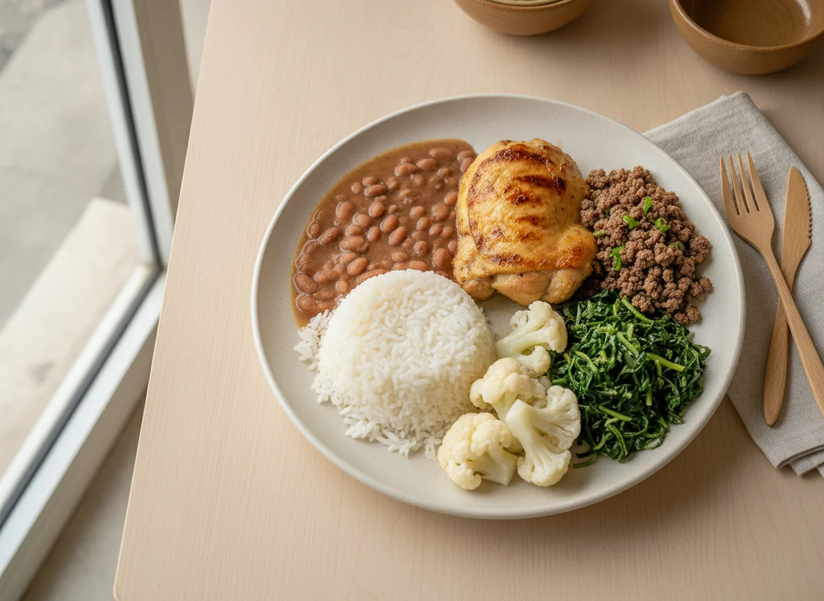 Prato feito brasileiro com frango, arroz, feijão, couve e couve-flor photo