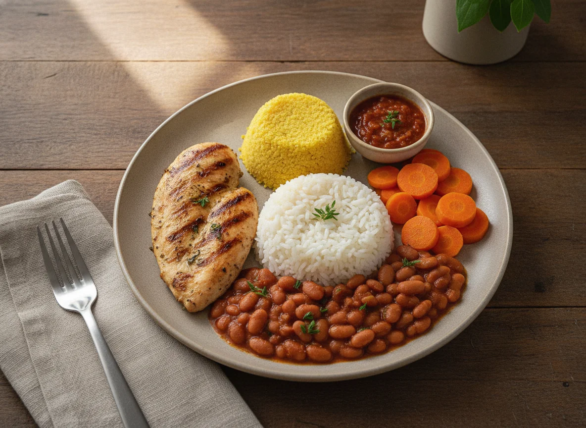 Prato Feito Brasileiro com Frango, Arroz, Feijão, Cuscuz e Cenoura photo
