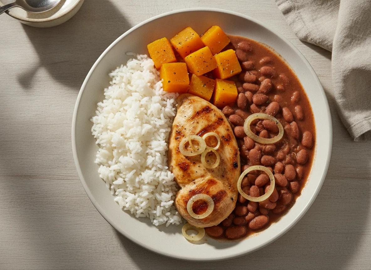 Prato feito brasileiro com frango, arroz, feijão e abóbora photo