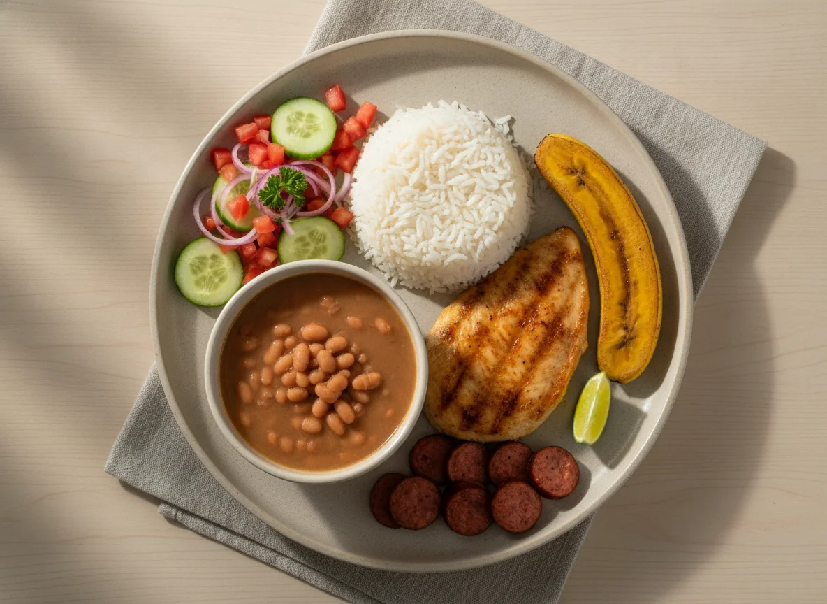 Prato Feito Brasileiro com Frango, Arroz, Feijão e Banana photo