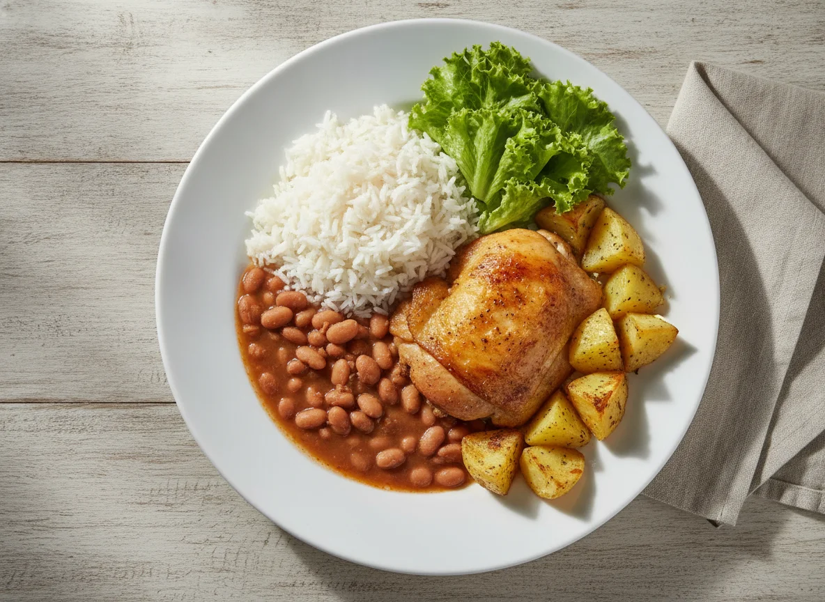 Prato Feito Brasileiro com Frango, Arroz, Feijão e Batatas photo