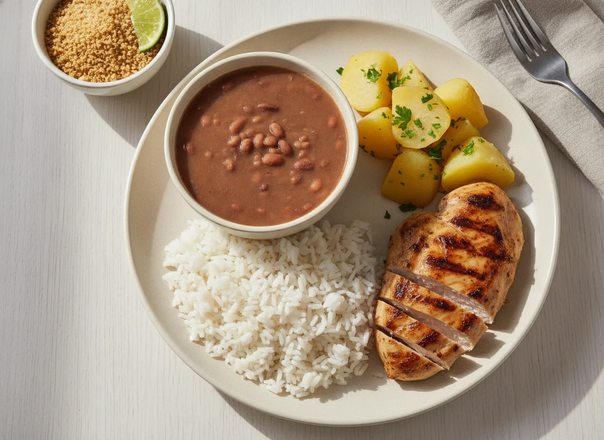 Prato feito brasileiro com frango, arroz, feijão e batata photo