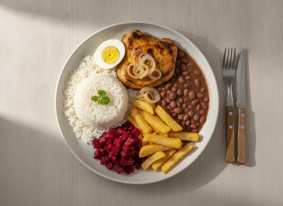 Prato feito brasileiro com frango, arroz, feijão e beterraba photo