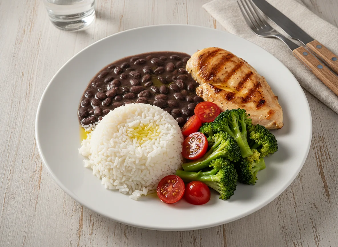 Prato feito brasileiro com frango, arroz, feijão e brócolis photo