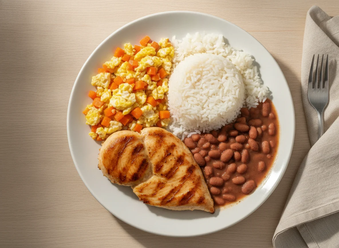 Prato feito brasileiro com frango, arroz, feijão e cenoura com ovo photo