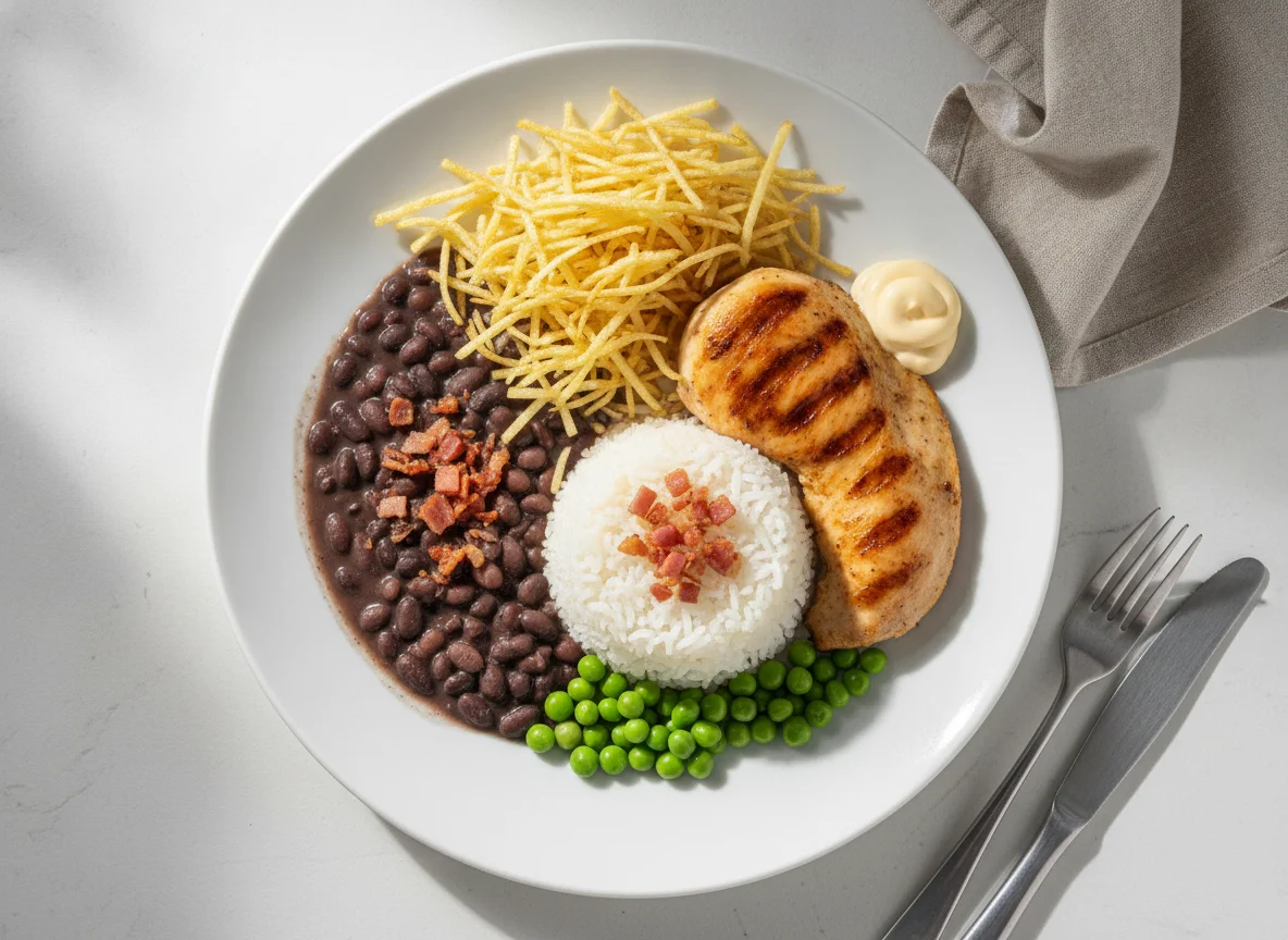 Prato Feito Brasileiro com Frango, Arroz, Feijão e Ervilha photo
