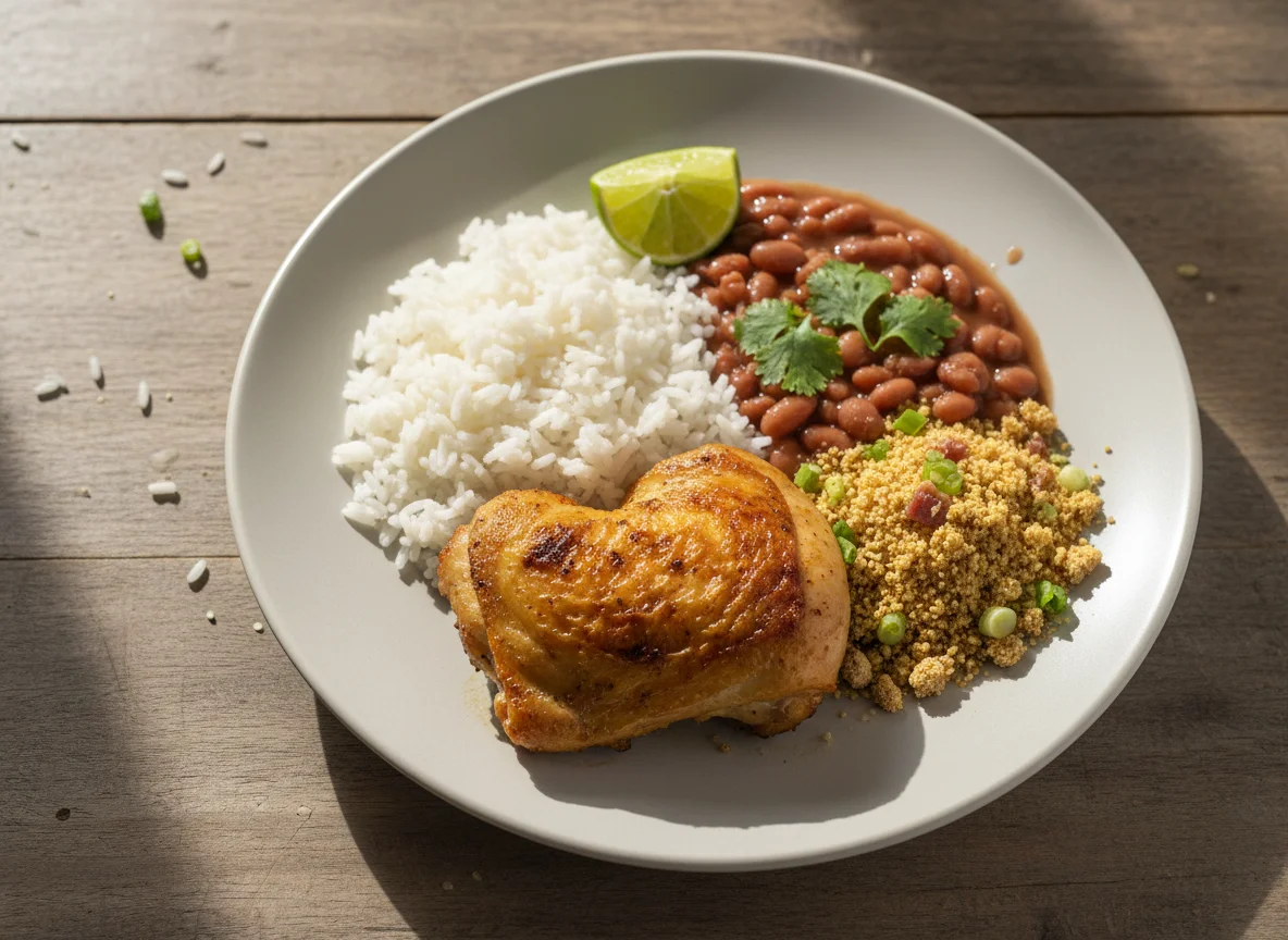 Prato feito brasileiro com frango, arroz, feijão e farofa photo