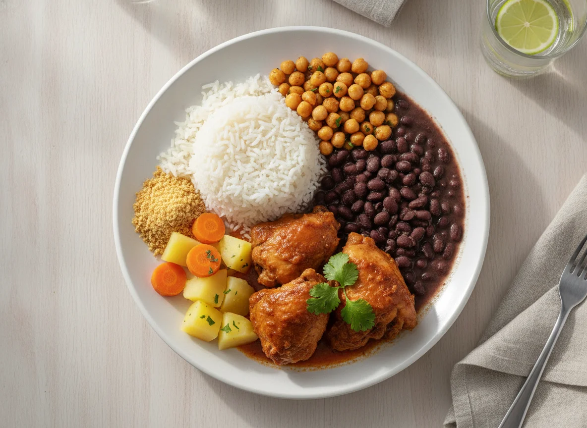 Prato Feito Brasileiro com Frango, Arroz, Feijão e Grão-de-bico photo