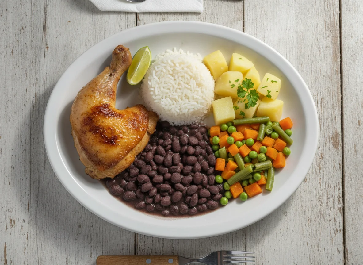 Prato Feito Brasileiro com Frango, Arroz, Feijão e Legumes photo