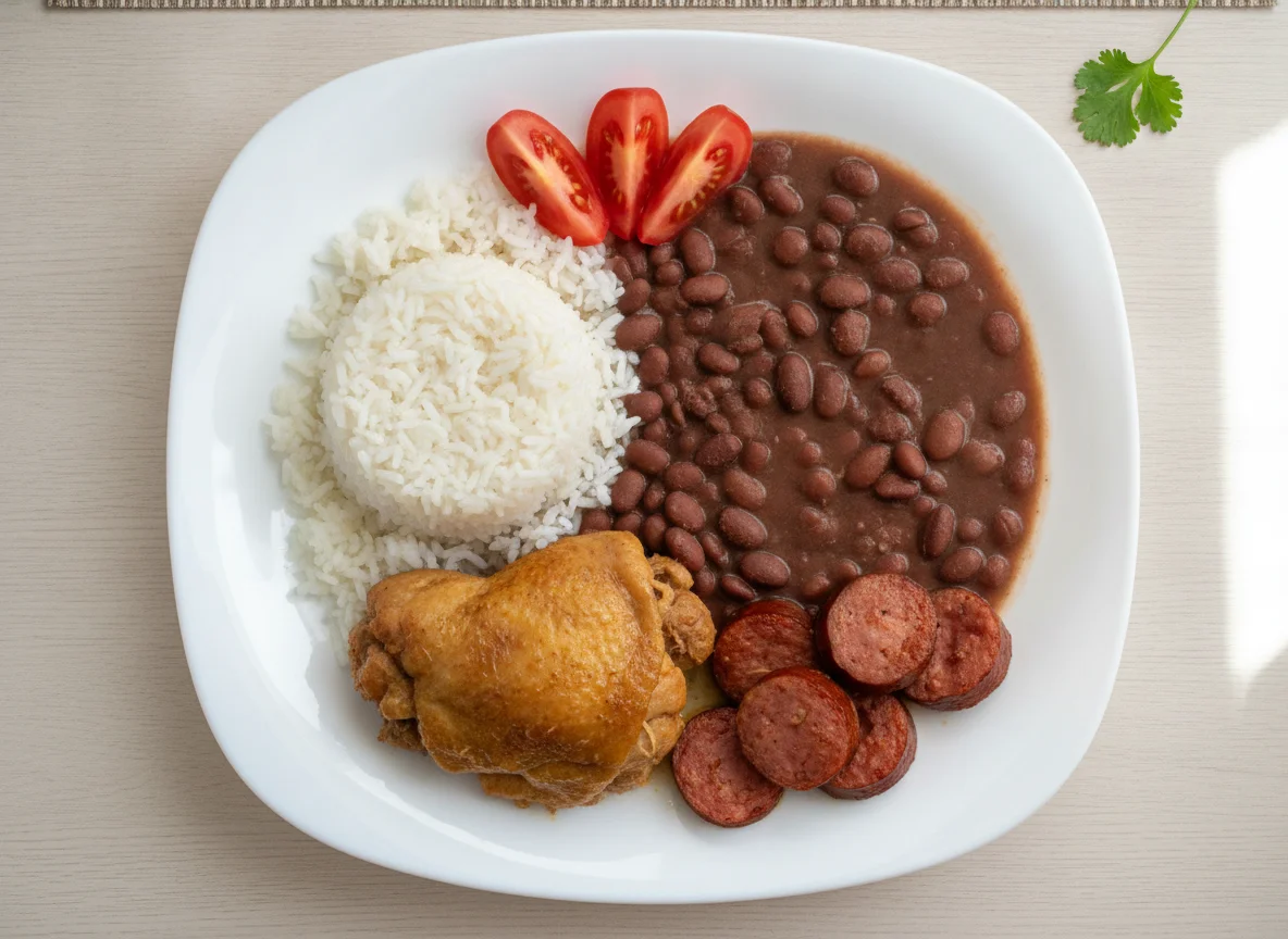 Prato feito brasileiro com frango, arroz, feijão e linguiça photo
