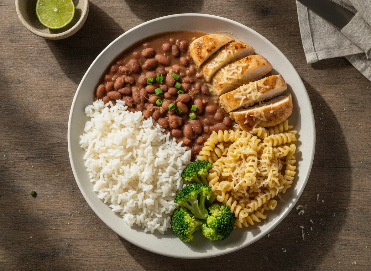 Prato Feito Brasileiro com Frango, Arroz, Feijão e Macarrão photo