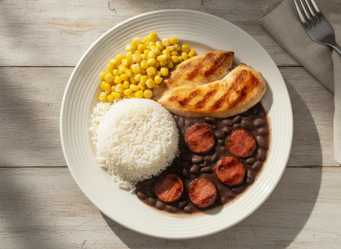 Prato Feito Brasileiro com Frango, Arroz, Feijão e Milho photo