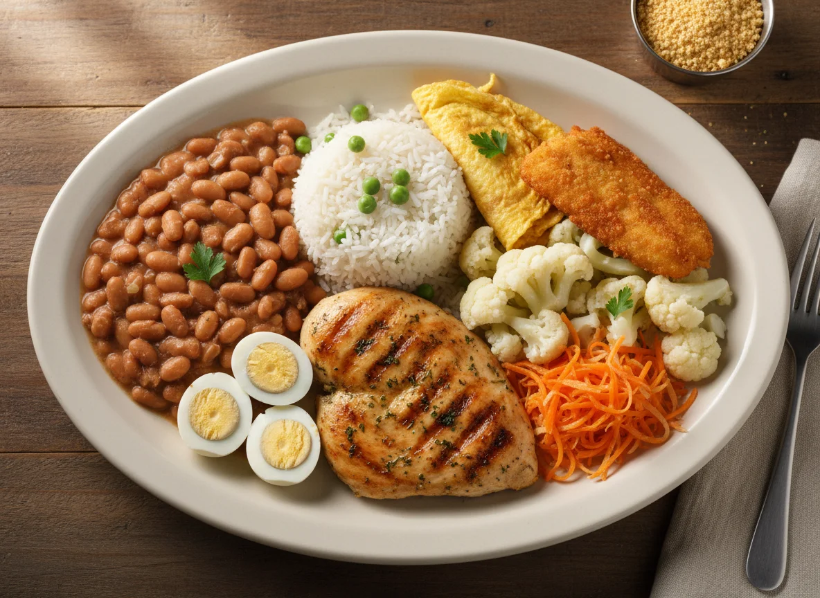 Prato Feito Brasileiro com Frango, Arroz, Feijão e Ovos de Codorna photo