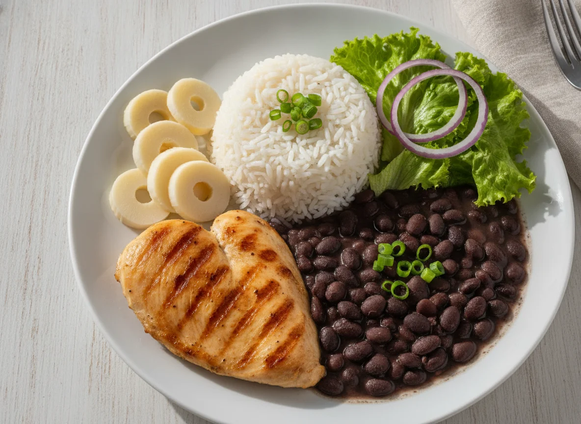 Prato feito brasileiro com frango, arroz, feijão e palmito photo
