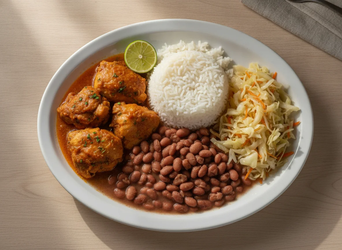 Prato feito brasileiro com frango, arroz, feijão e repolho photo