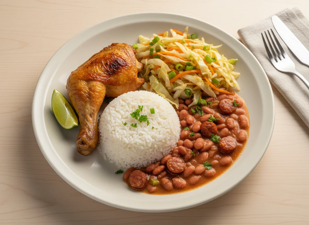 Prato feito brasileiro com frango, arroz, feijão e repolho refogado photo