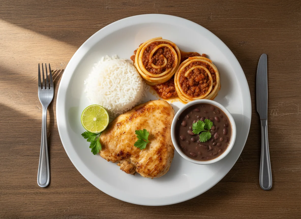 Prato feito brasileiro com frango, arroz, feijão e rondelli photo