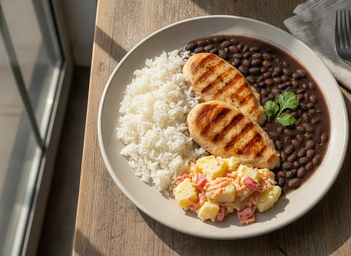 Prato Feito Brasileiro com Frango, Arroz, Feijão e Salada de Batata photo