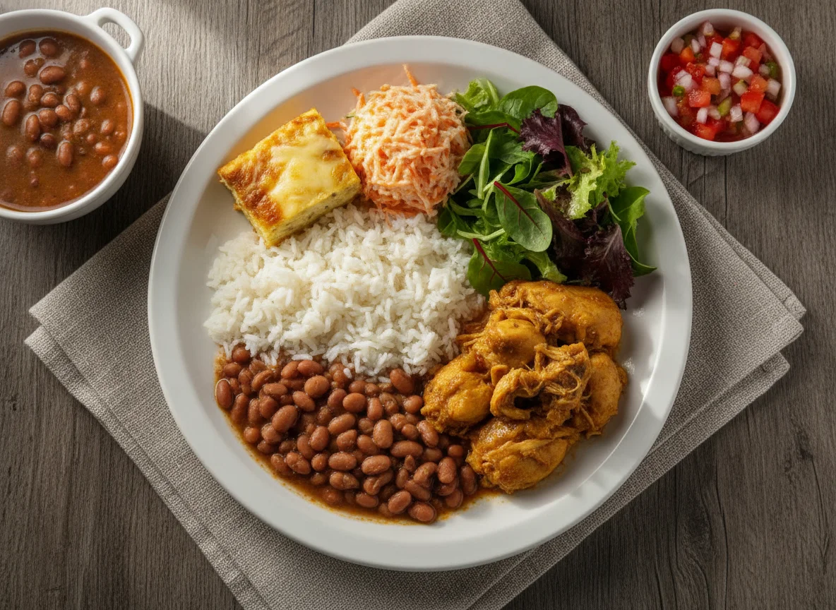 Prato Feito Brasileiro com Frango, Arroz, Feijão e Saladas photo