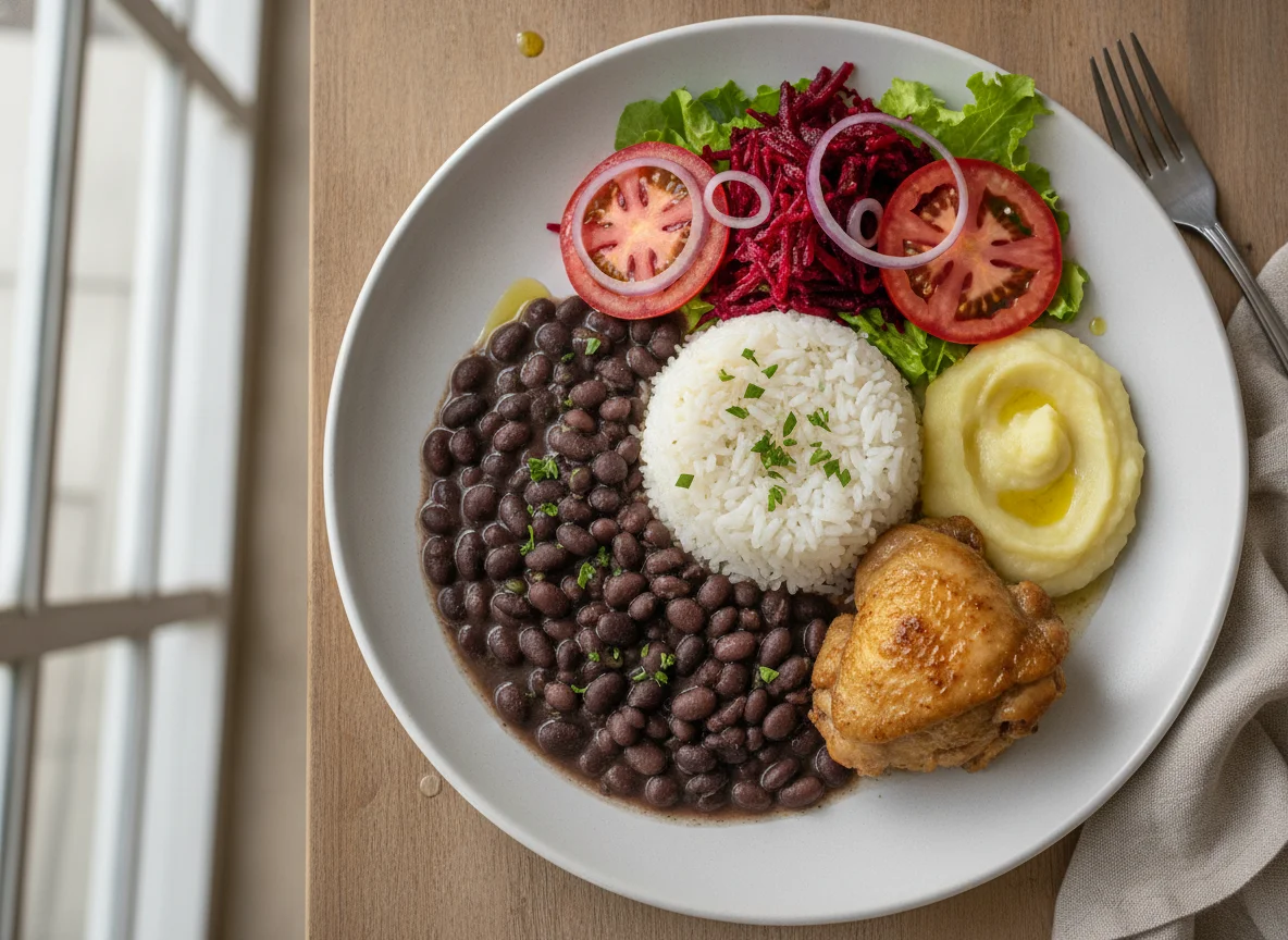 Prato Feito Brasileiro com Frango, Arroz, Feijão e Salada de Beterraba photo