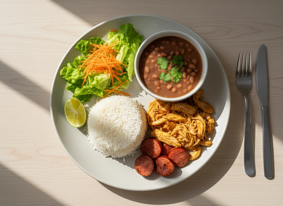 Prato feito brasileiro com frango, arroz, feijão e salada photo