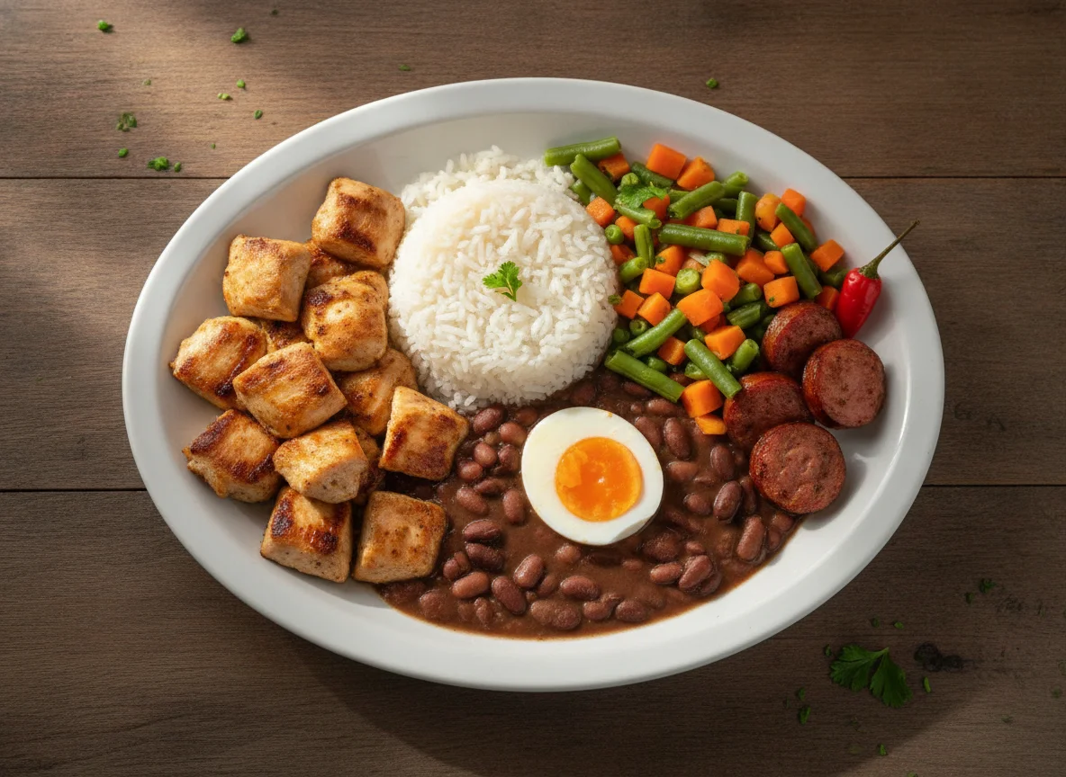 Prato Feito Brasileiro com Frango, Arroz, Feijão e Salada de Legumes photo