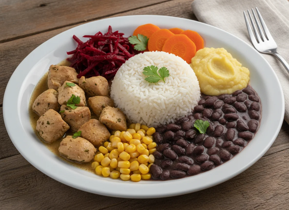 Prato Feito Brasileiro com Frango, Arroz, Feijão e Vegetais photo