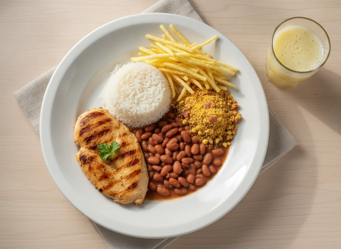 Prato Feito Brasileiro com Frango, Arroz, Feijão, Farofa e Batata Palha photo