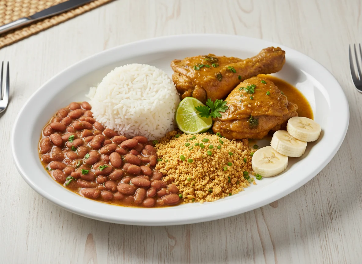 Prato feito brasileiro com frango, arroz, feijão, farofa e banana photo