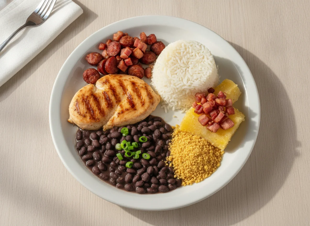 Prato Feito Brasileiro com Frango, Arroz, Feijão, Farofa e Mandioca photo