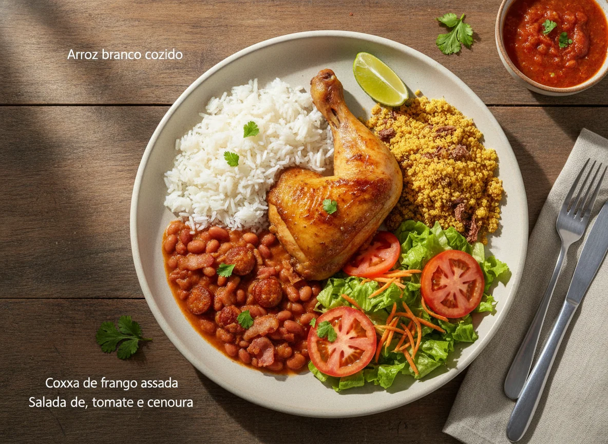 Prato Feito Brasileiro com Frango, Arroz, Feijão, Farofa e Salada photo