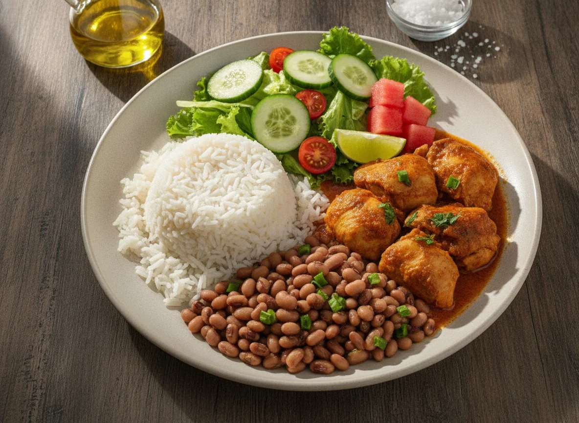 Prato feito brasileiro com frango, arroz, feijão fradinho e salada photo