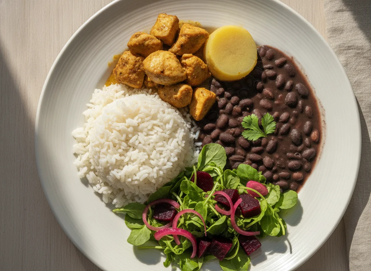 Prato feito brasileiro com frango, arroz, feijão, inhame e salada photo