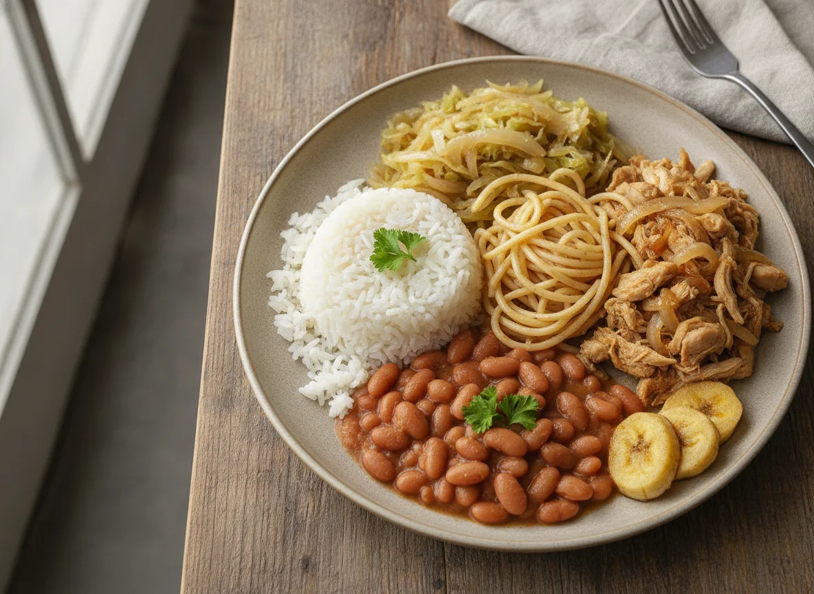 Prato Feito Brasileiro com Frango, Arroz, Feijão, Macarrão e Repolho photo