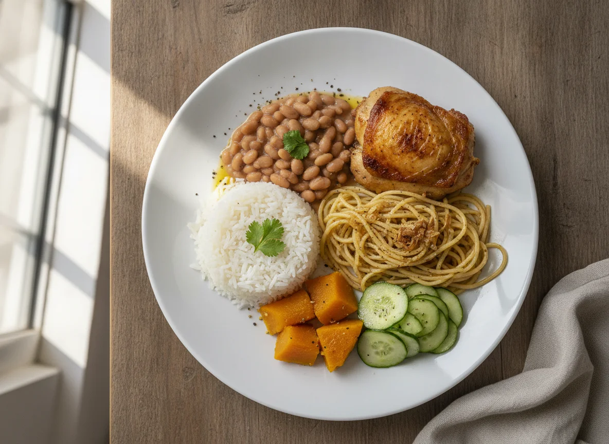 Prato Feito Brasileiro com Frango, Arroz, Feijão, Macarrão e Salada photo
