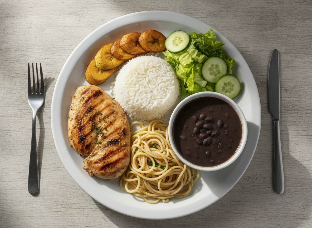 Prato Feito Brasileiro com Frango, Arroz, Feijão, Macarrão e Banana photo