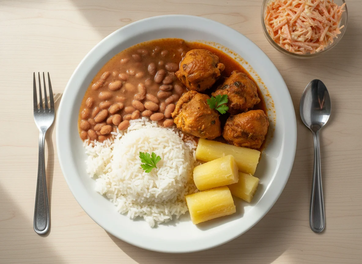 Prato Feito Brasileiro com Frango, Arroz, Feijão, Mandioca e Salada de Cenoura photo