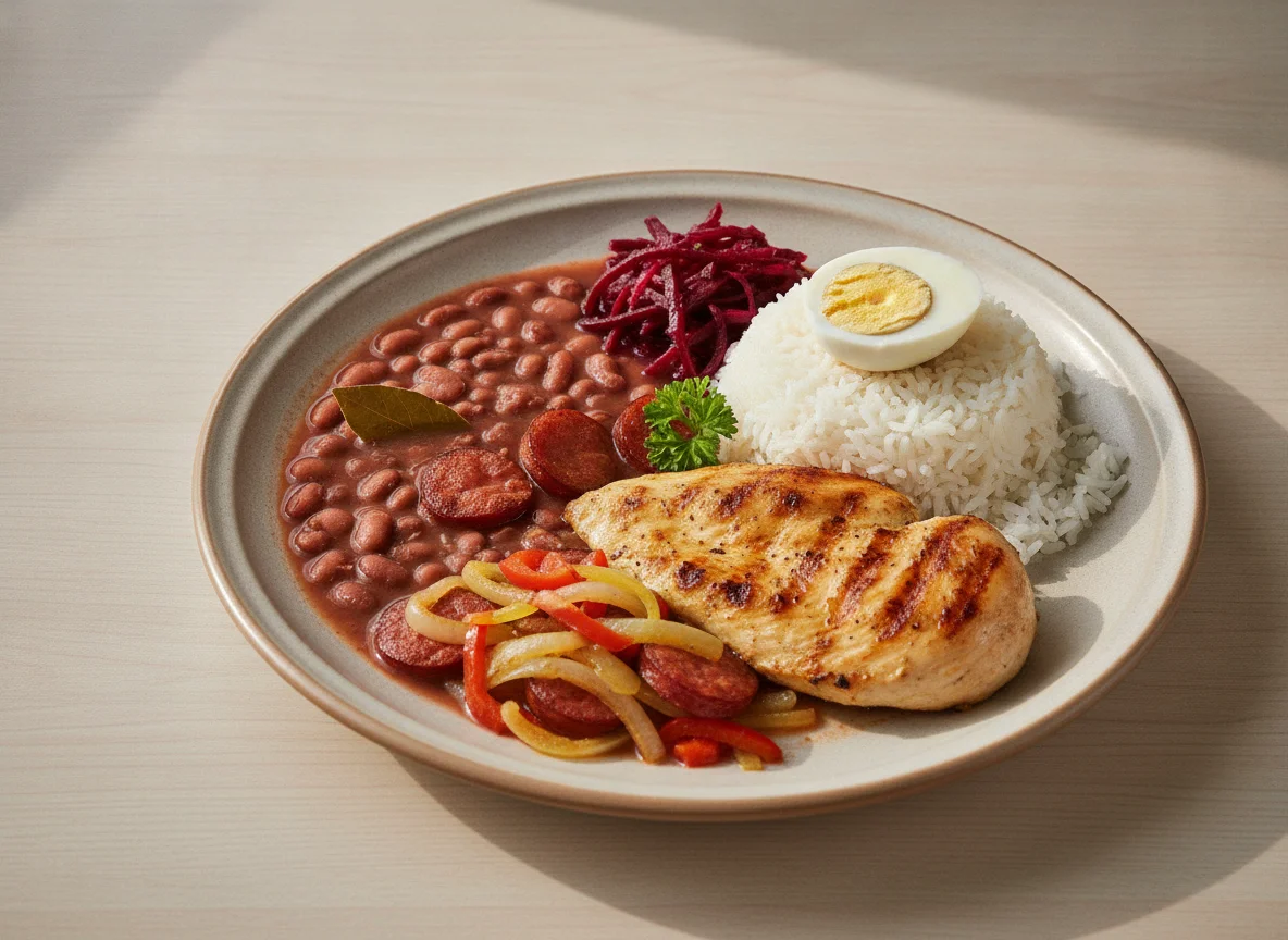 Prato feito brasileiro com frango, arroz, feijão, ovo e beterraba photo