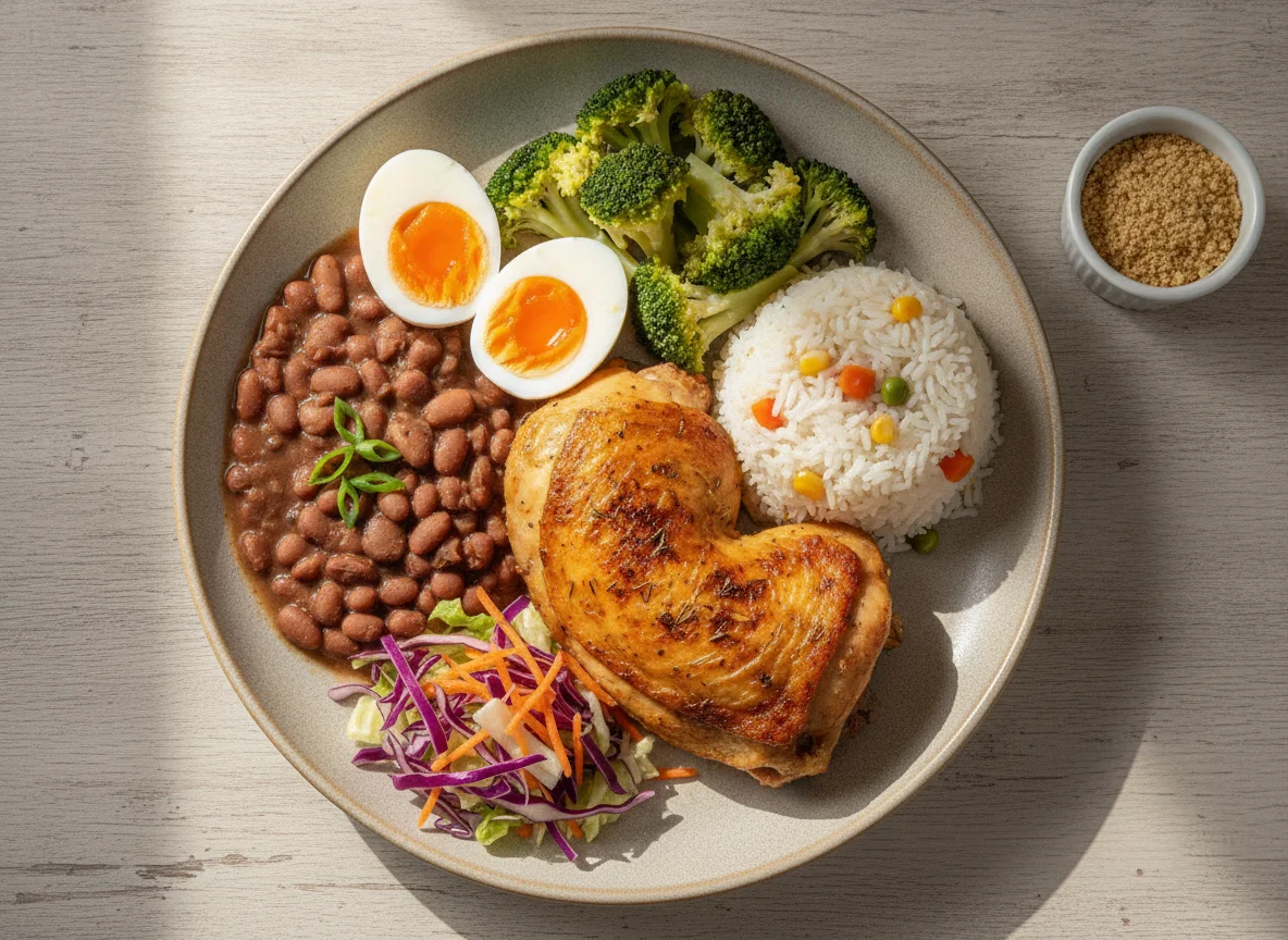 Prato Feito Brasileiro com Frango, Arroz, Feijão, Ovo e Salada photo