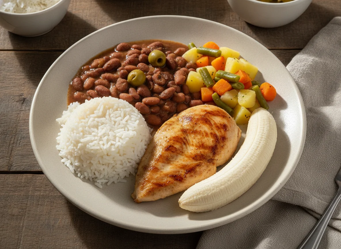Prato feito brasileiro com frango, arroz, feijão, salada cozida e banana photo