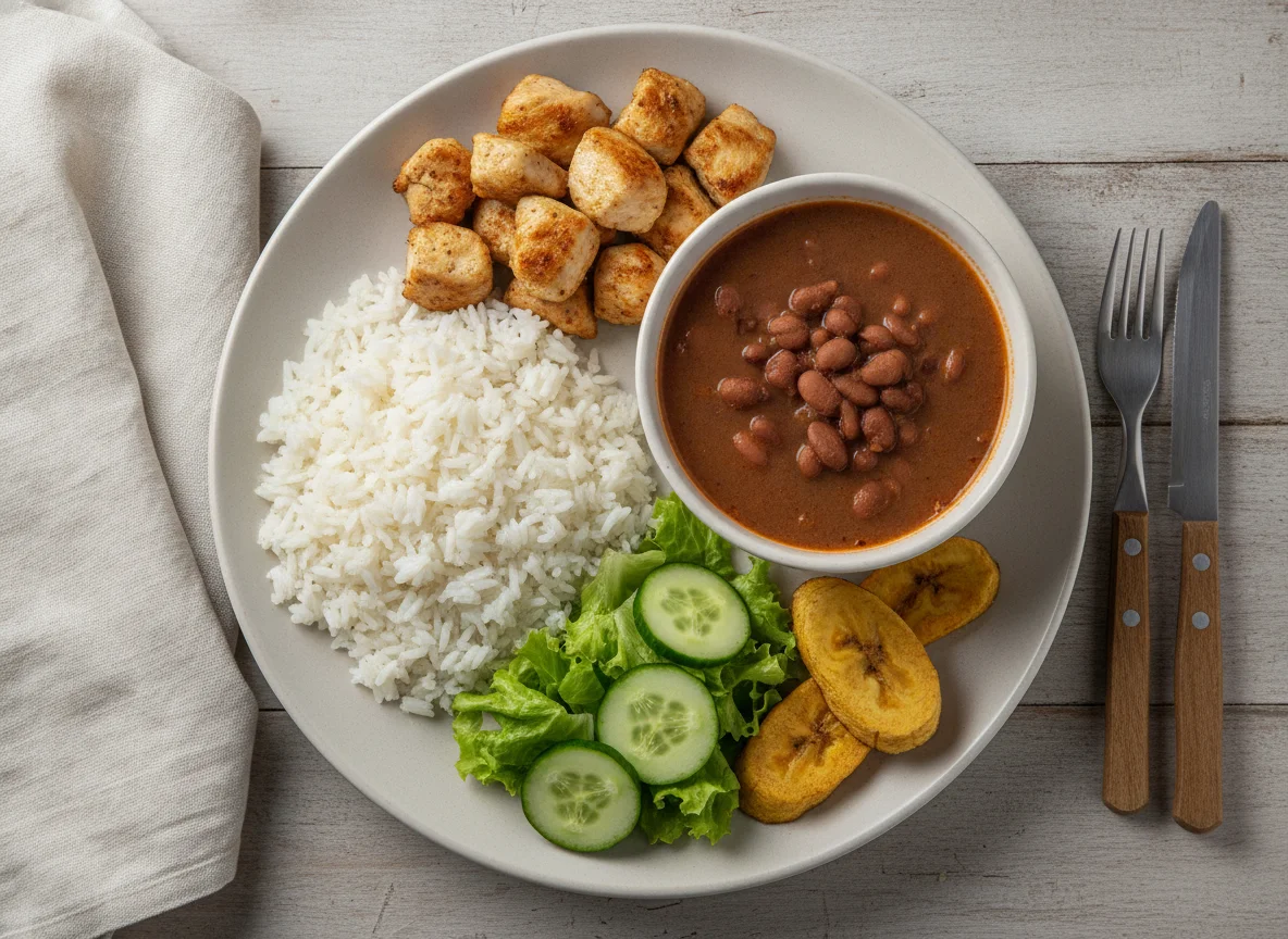 Prato feito brasileiro com frango, arroz, feijão, salada e banana photo