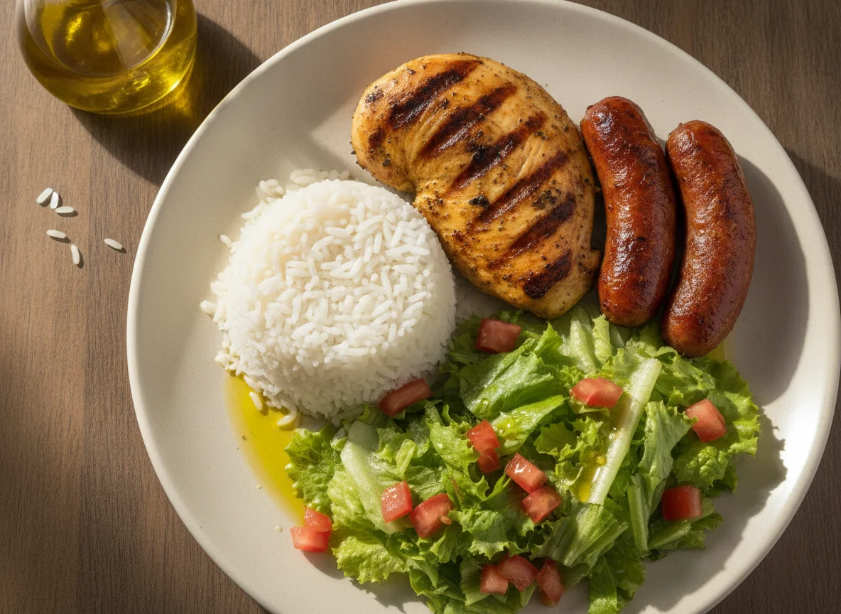 Prato feito brasileiro com frango, arroz, linguiça e salada photo