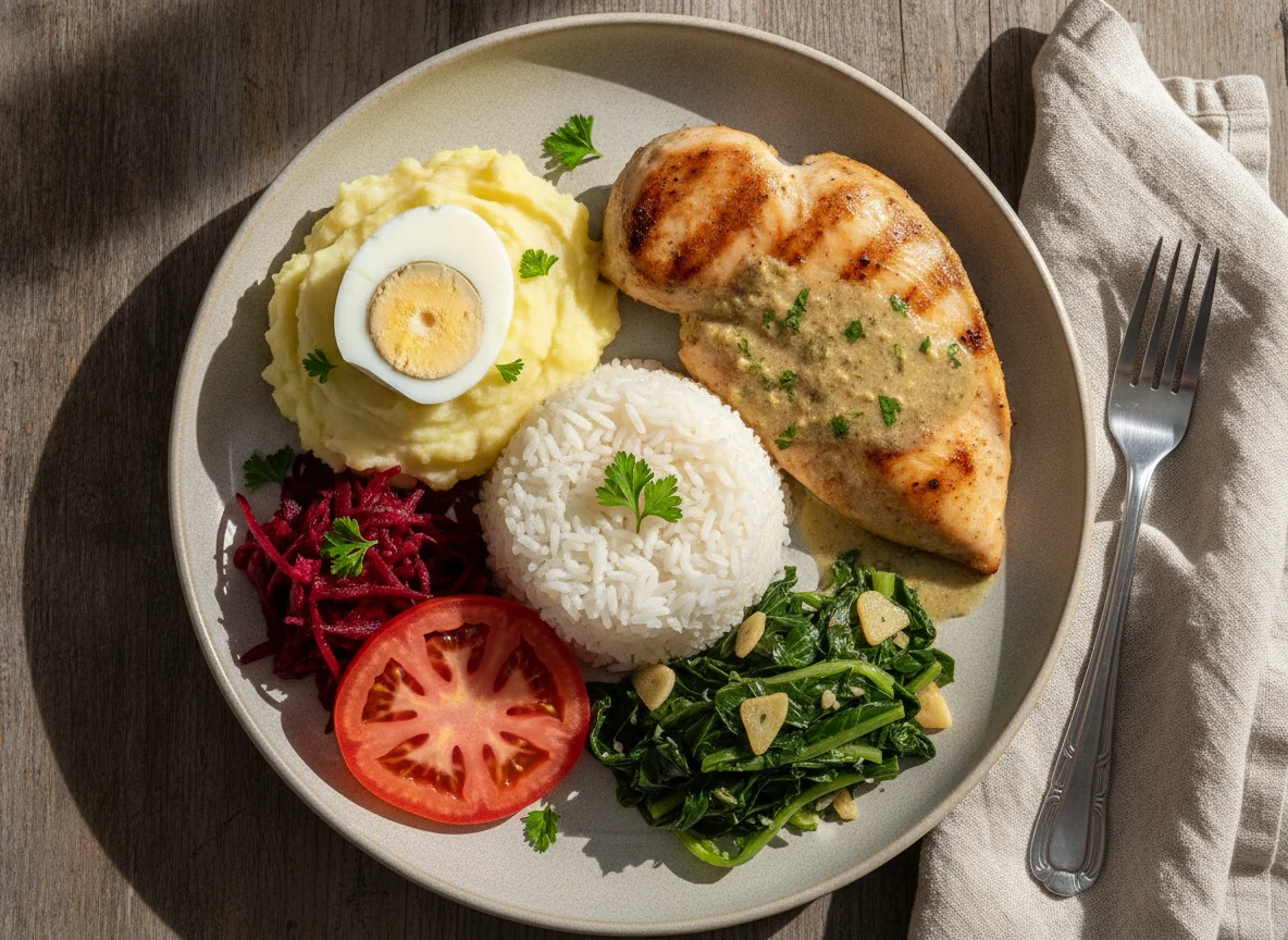 Prato Feito Brasileiro com Frango, Arroz, Purê e Ovo photo