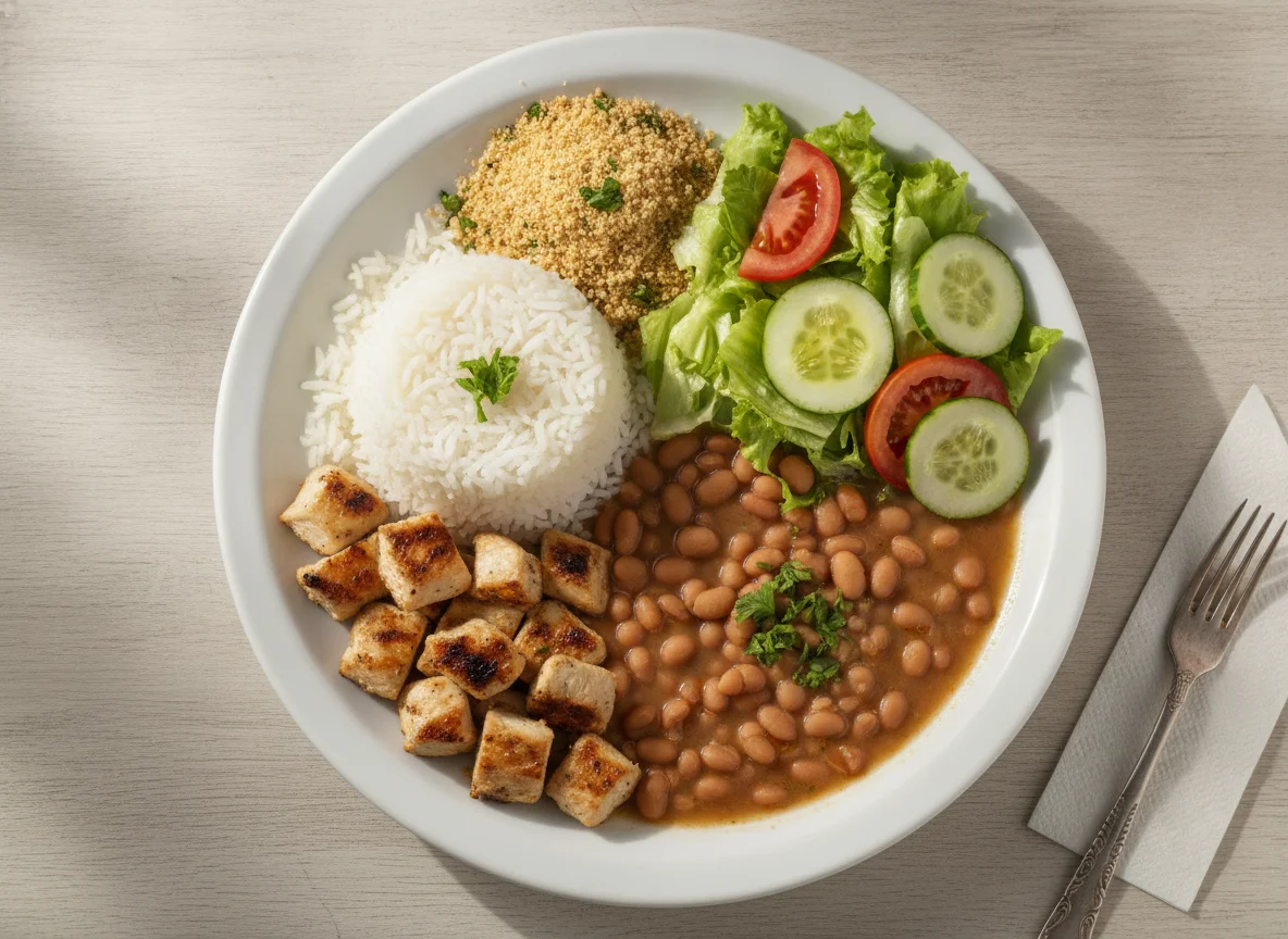 Prato Feito Brasileiro com Frango, Arroz, Salada, Farofa e Feijão photo