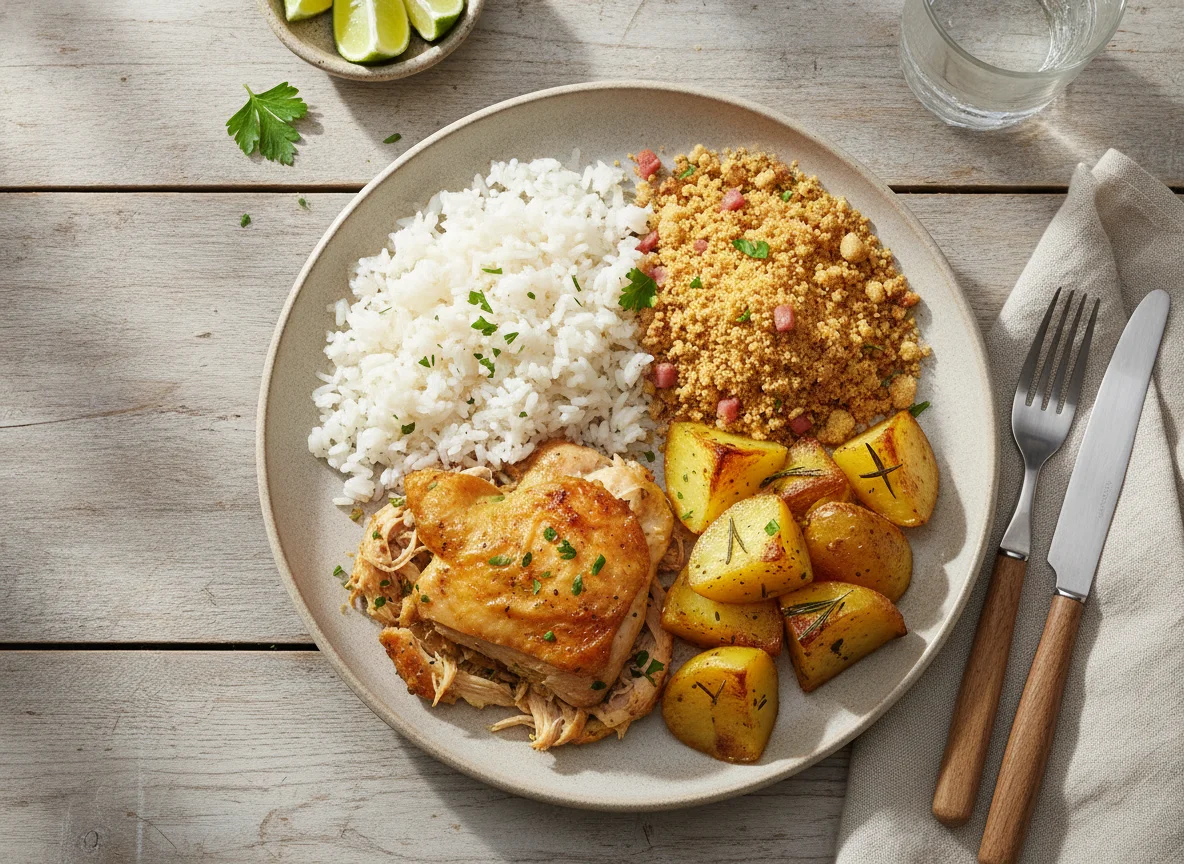 Prato Feito Brasileiro com Frango Assado, Arroz, Farofa e Batata photo