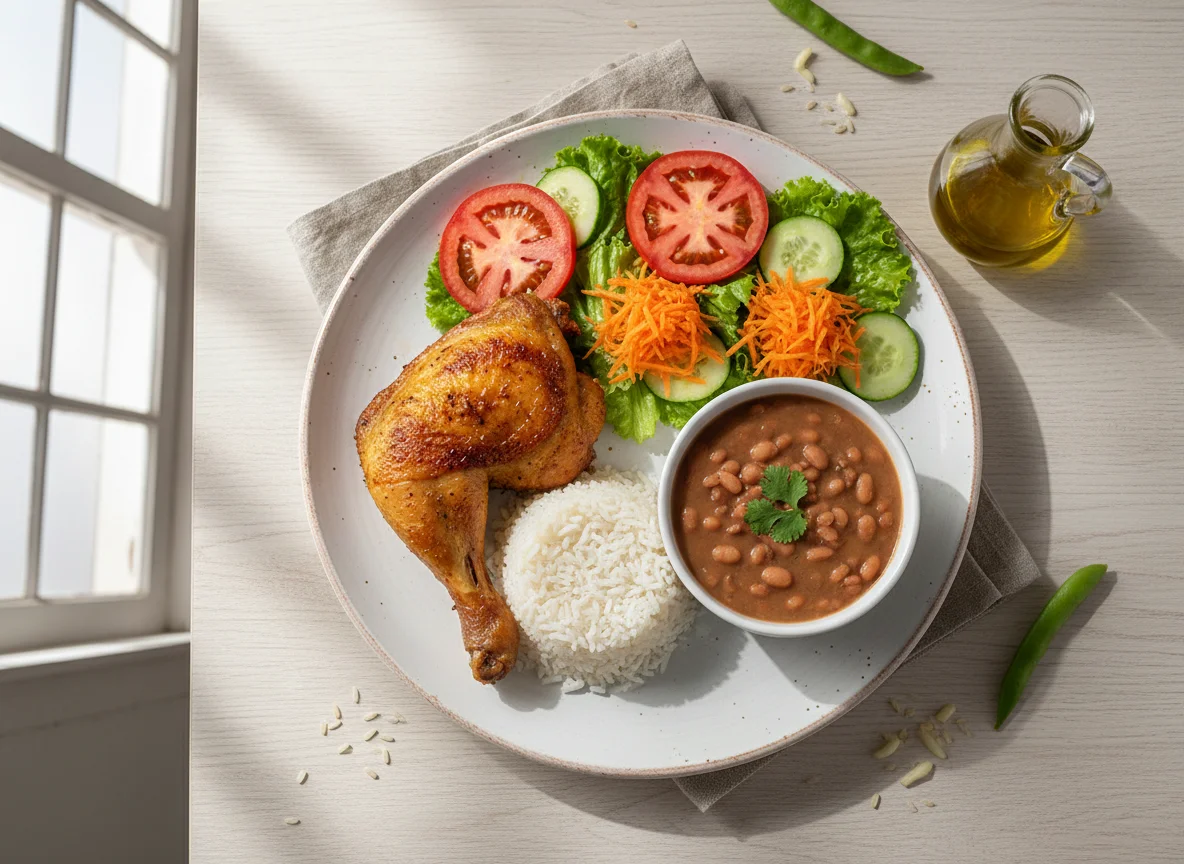 Prato feito brasileiro com frango assado, arroz, feijão e salada photo