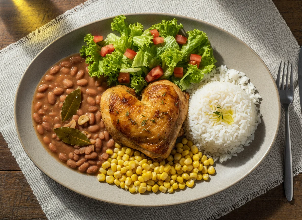 Prato feito brasileiro com frango assado, arroz, feijão, salada e milho photo