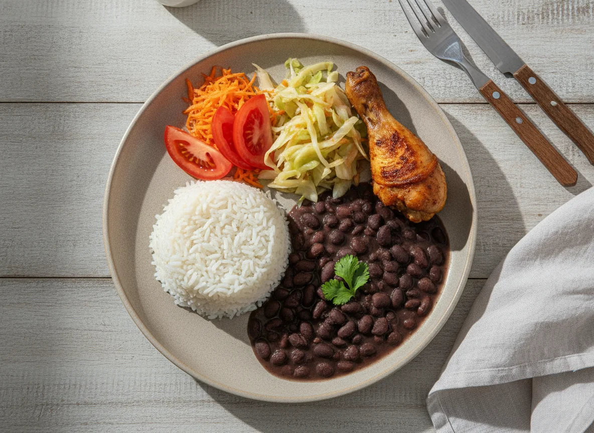 Prato feito brasileiro com frango assado, arroz, feijão preto e salada photo