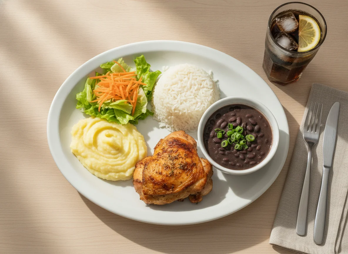 Prato feito brasileiro com frango assado, arroz, feijão e purê photo