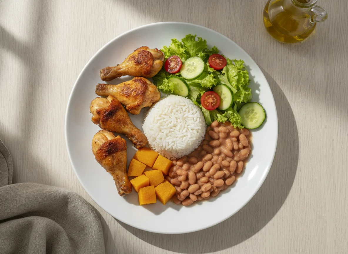 Prato feito brasileiro com frango assado, arroz, feijão, abóbora e salada photo